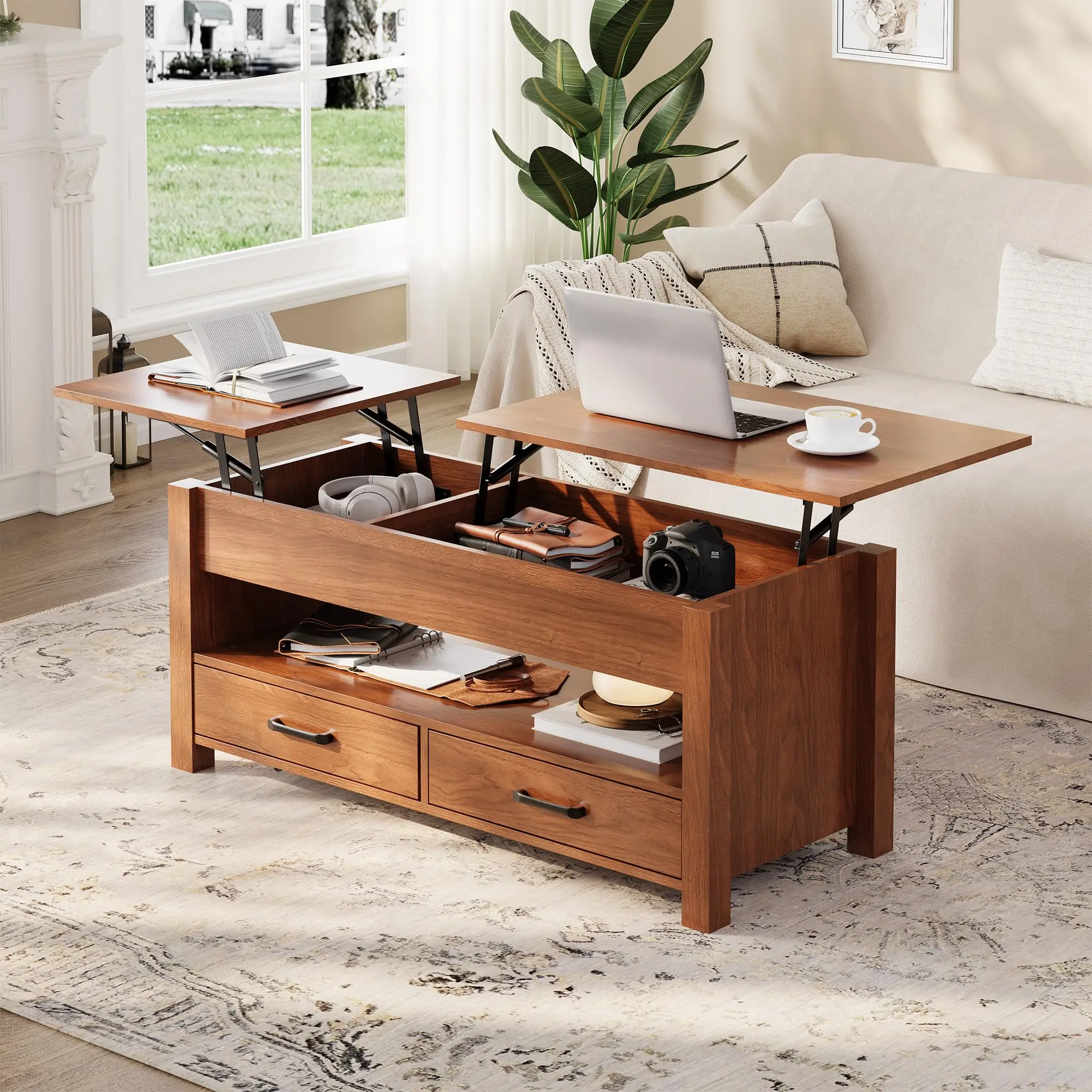 Garvee 47.2" Multi-Function Lift Top Coffee Table with Storage,Convertible Wooden Tabletop with 2 Drawers & Hidden Compartment, Central Table for Living Room, Home Office, Gaming & Sofa, Easy Assembly