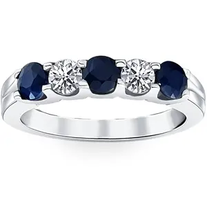 1 Ct Blue Sapphire Diamond Five Stone Wedding Anniversary Ring 14K White Gold