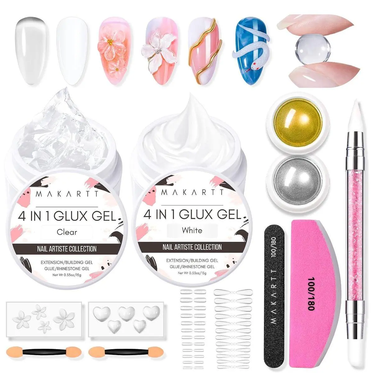 3D Gel Nail Art for Nails Starter Kit: Clear and White 3D Sculpting Gel Non-Sticky Molding Carving Glue Extension Builder DIY Manicure Gold & Silver Chrome Powder Solid Soak Off Hard Gels