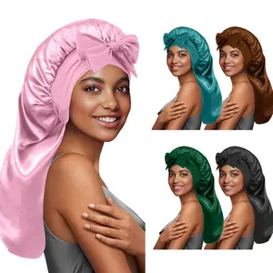 5-Count Long Satin Sleeping Bonnets - Double-Layer, Frictionless Silk-Like Haircare Caps with Adjustable Elastic Tie Band for Adults, Curly Hair, Overnight Heatless Smooth Protection