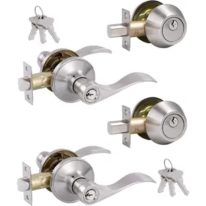 (2 Pack) Keyed Alike Front Door Lever Lockset with Single Cylinder Deadbolt Combination Set, Wave Style Lever, Front Door/Exterior Door Knob with Lock and Deadbolt, Satin Nickel Finished