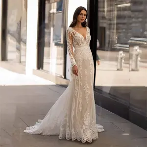 Sexy Mermaid Lace Wedding Dresses For Women Regular Full Sleeves