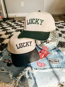 Lucky Trucker Hat for Women Trendy Trucker Hat Her Embroidered Trucker Hat Two Toned Tan Trucker Hat Green St Lucky Girl Club Hat for Her