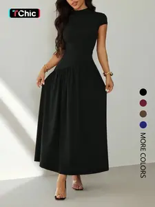 Women's short-sleeved pleated slim-fit solid casual dress, perfect for dates, parties, clubs, and commuting, Womenswear