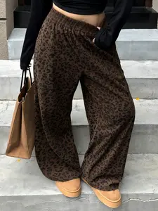 Women's All-Season Corduroy Pocket Elastic Waist Leopard Print Casual Trouser Pants, Lady Womenswear Fashion Commuter Versatile Machine Wash Loose Wide Leggings