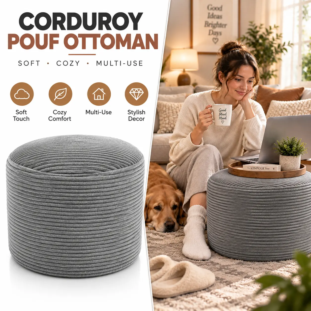 Round Shape Upholstered Corduroy Fabric Pouf Ottoman - Foam Stuffing Foot Rest, 20x20x15in Soft Accent Seat with Removable Cover for Living Room, Bedroom