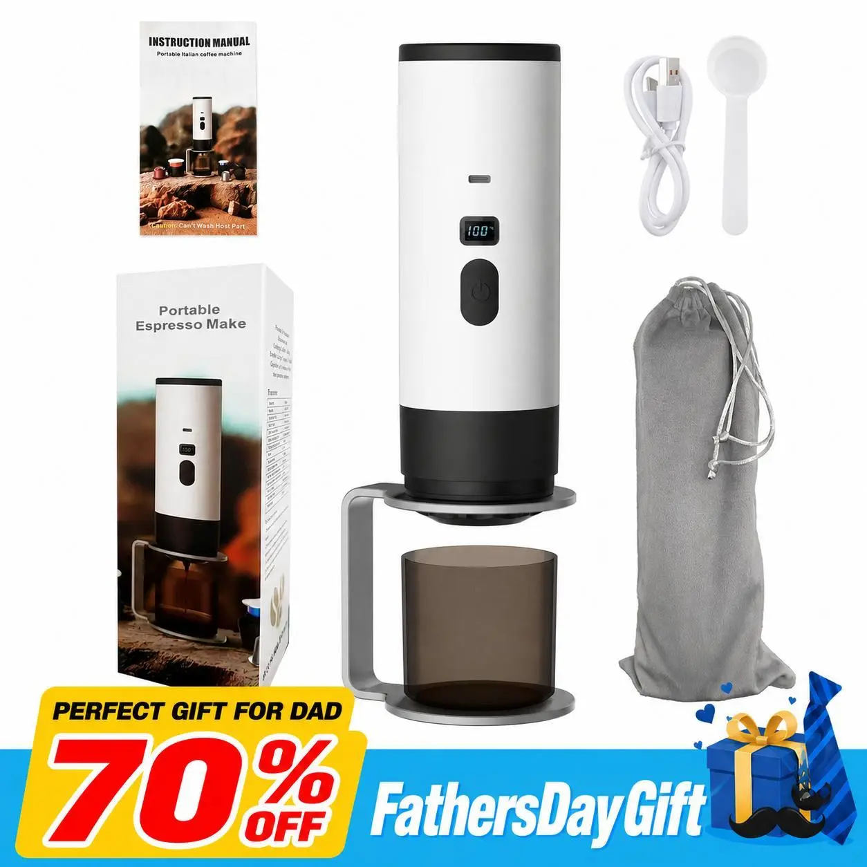 【FathersDayGift】Travel Espresso Machine - Mini Capsule Coffee Maker for Home & On-the-Go - Electric, Compact - Black & White Options