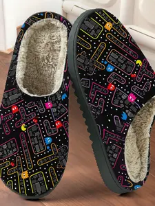 Vintage Pac-Man Game Print Cotton Slippers, Retro Casual Style, Plush Lined Anti-Slip Thick Rubber Sole, Home Use Men Women Fall Winter Warm Shoes, Antislip Slippers