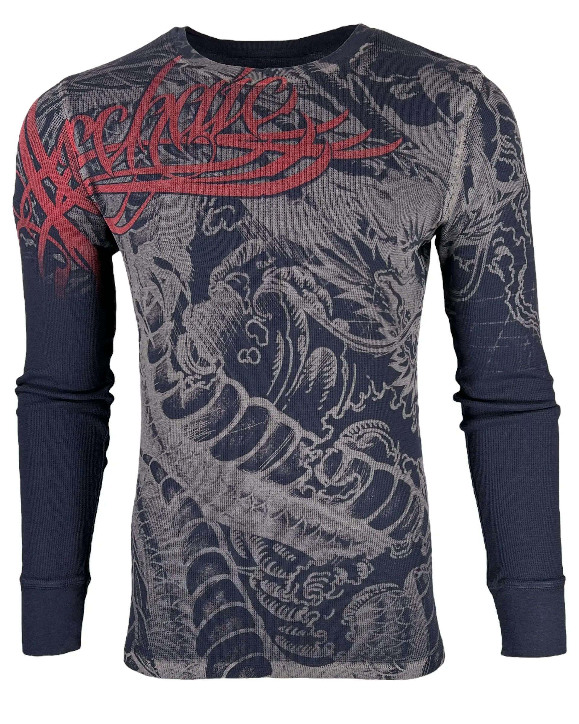 Archaic By Affliction Men's Cotton Round Neck Longsleeves Graphic Thermal Shirt - Dragon Rage Menswear Top, Crew Neck