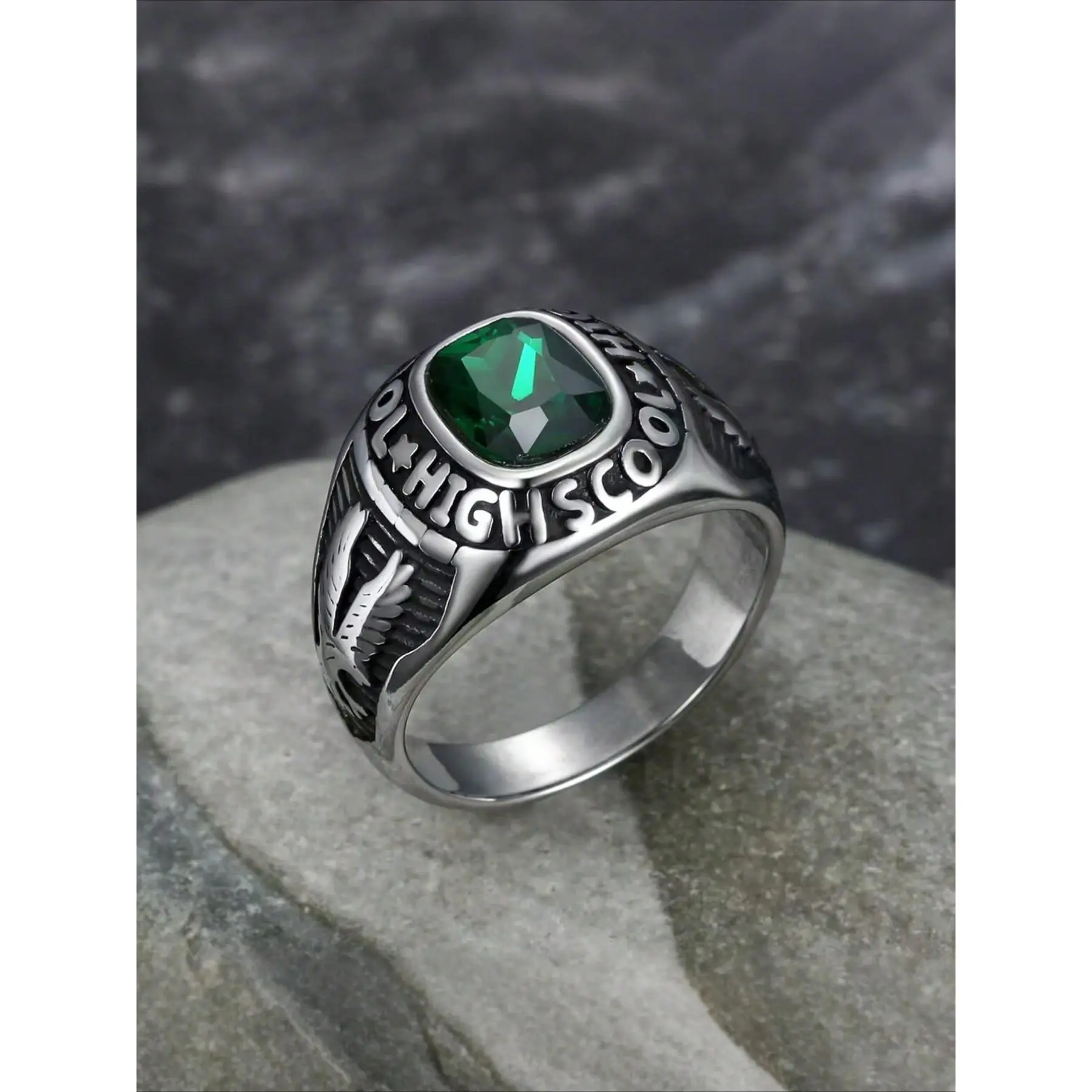 Men's Funky Engraved Band with Stone Inlay, Vintage Statement Accessory, Alternative Style Rings for Daily Wear, Retro Look, Geometric, All Seasons, Gunmetal, Male Ring, Band Shape, Engraved Rings