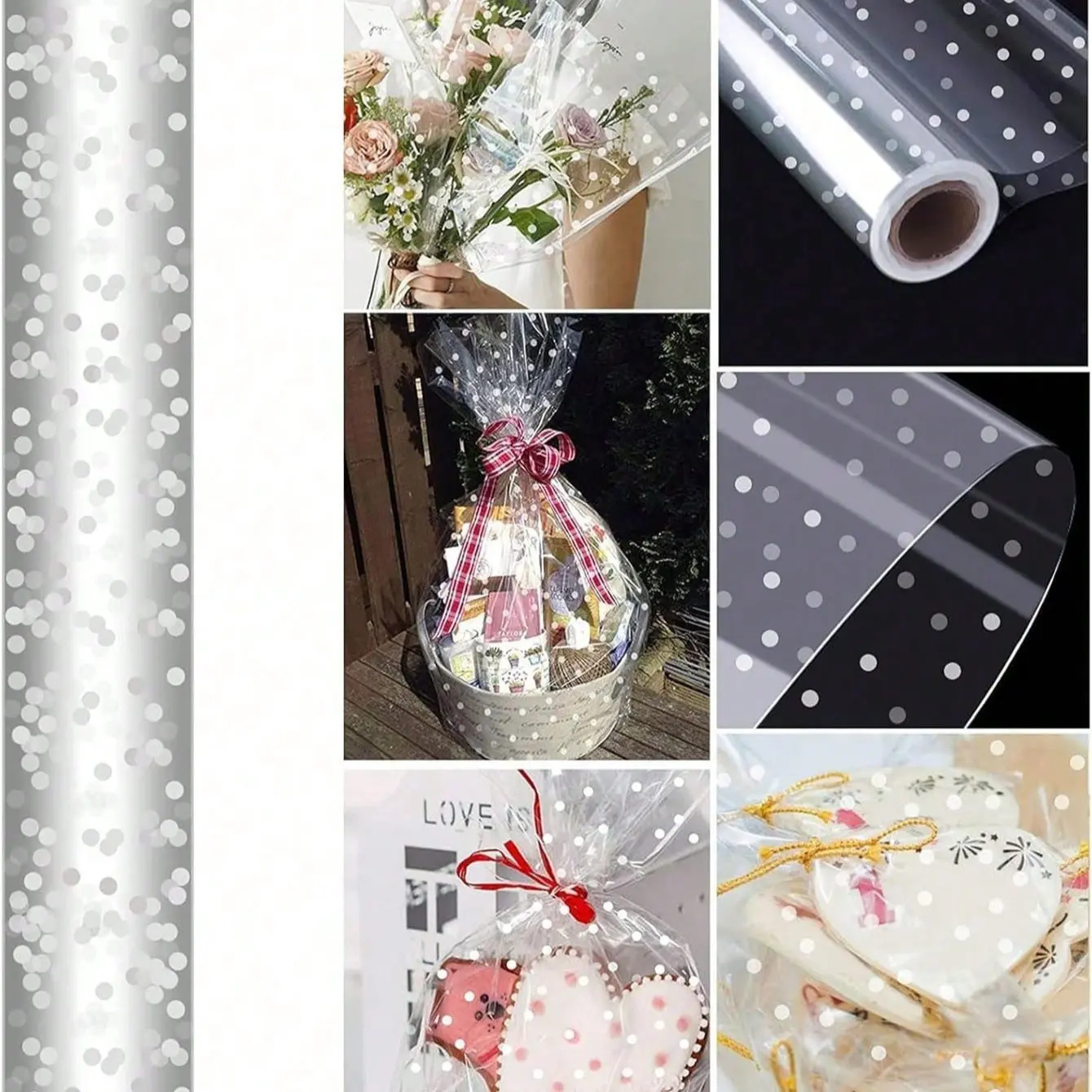 1 Roll 3 Mil Thick Clear Glassine Wrapping Paper 34 Inch X 148 Feet Waterproof & Flexible, Dotted Pattern for Gift Baskets & Bouquets,includes Gift Wrap Bow, Christmas Wrapping Paper, Gift Wrapping Supplies
