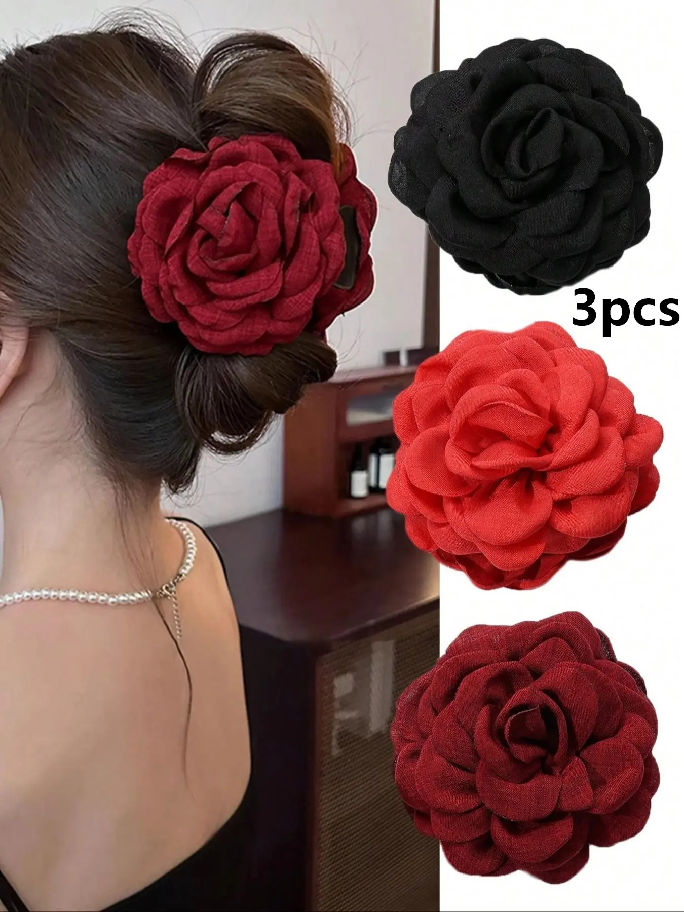 Elegant Large Rose Hair Clip Set, 3pcs Women's Multi-Layered Hair Claws, Flower Claw Clips, Floral Hair Accessories, Hair Style Accessory, Perfect for Updos, Parties, and Daily Wear