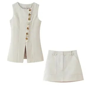 [Oder 10-12days] Vest Skirt Set, Button Front Sleeveless Outfit, Women’s Chic Two Piece