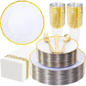 LIYH 350 Pcs White Plates for Wedding Reception Plastic Plates for Party 50 Guest 100 Disposable Plates 150 Gold Plastic Silverware 50 Gold Cups 50 Napkins