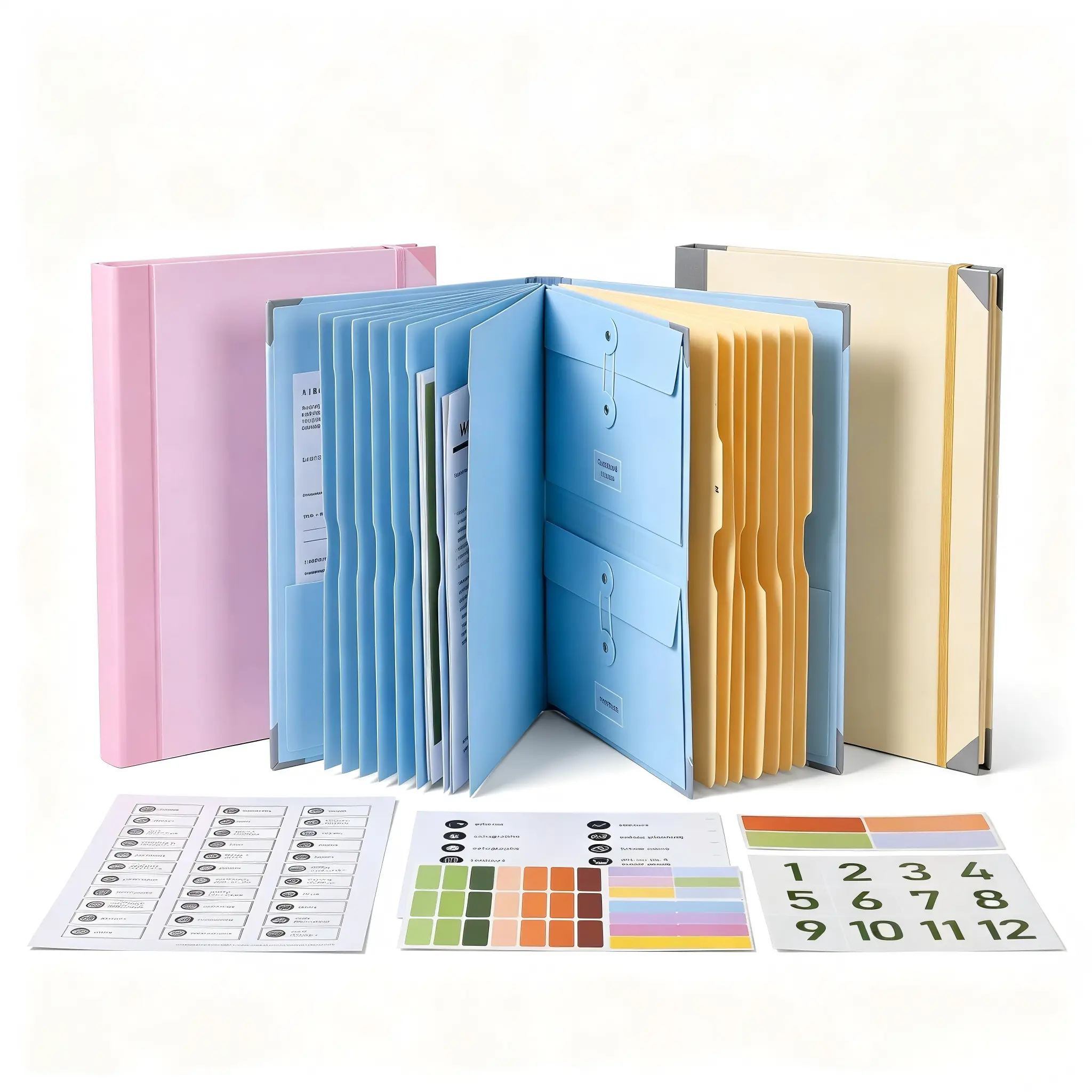 Accordion Document Organizer File Folder with 12 Expandable Pockets, A4 Letter Size Portable Paper Storage Expanding Wallet with Label Stickers, Anti-Tear Hardcover File Sorter for School Office Homework Invoice, 3 Colors Pink / Blue / Beige