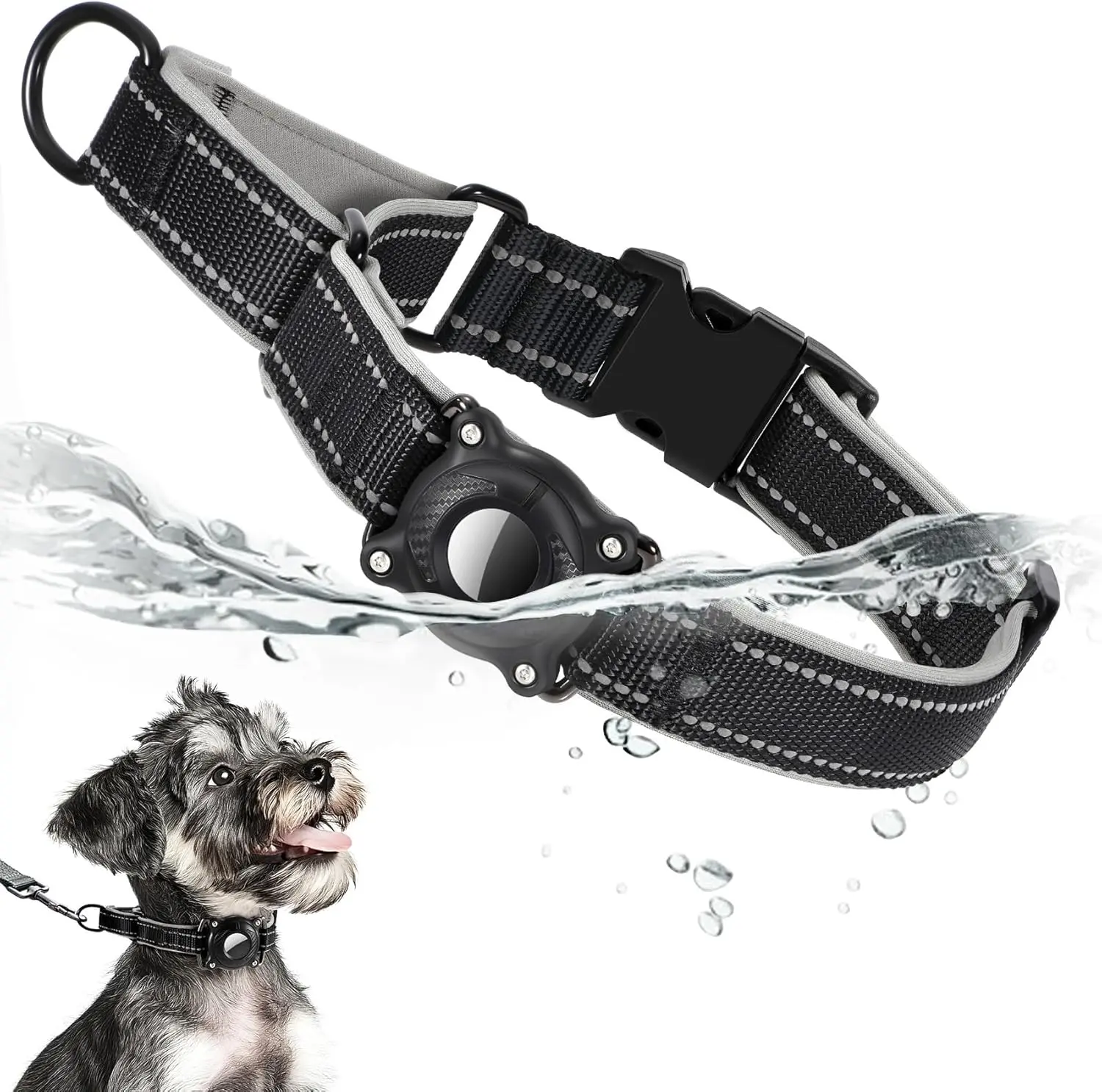 Dog Collar, Reflective Martingale Dog Collar with IP Waterproof Airtag Holder, Quick Release Buckle Soft Padded Collars for Large Medium Small Dogs, Black