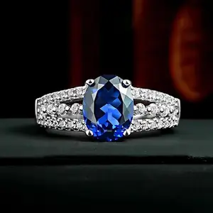 A188 Oval Sapphire Ring 925 Silver Pave Setting Women's Engagement Gemstone Ring