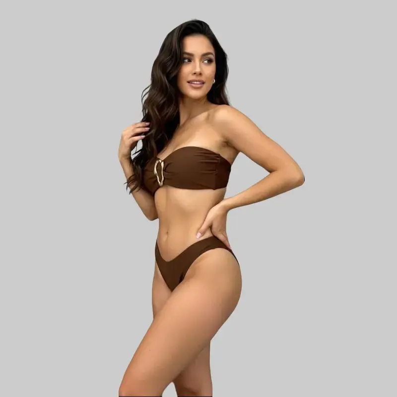 Women's Brown 2-Piece Plain Solid Polyester Bikini - Strapless Bandeau Top with Golden Metal Ring Buckles, Matching Bottom, High Stretch Sports & Outdoor Beach Swimwear, Hand Wash Only, Synthetics