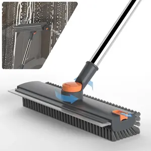 Floor Scrub Bathtub Brush 360° Rotatable with Squeege Long Handle 3 in 1 Scrape and for Cleaning Shower Bathroom Patio Garage Kitchen Wall and Deck, Heavy-Duty Stiff Bristle Scrubber Brush, Cleaning Supplies for Home Essential Items – Summer Gift