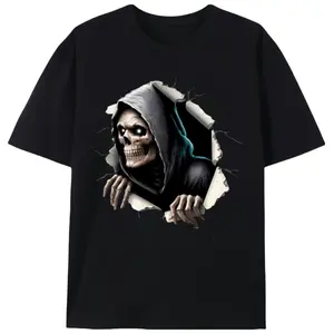 3D Breakthrough Grim Reaper Skull Graphic Print Men's T-Shirt, Gothic Hardcore Streetwear Casual Short Sleeve Tee for Horror & Gothic Lovers, Unisex