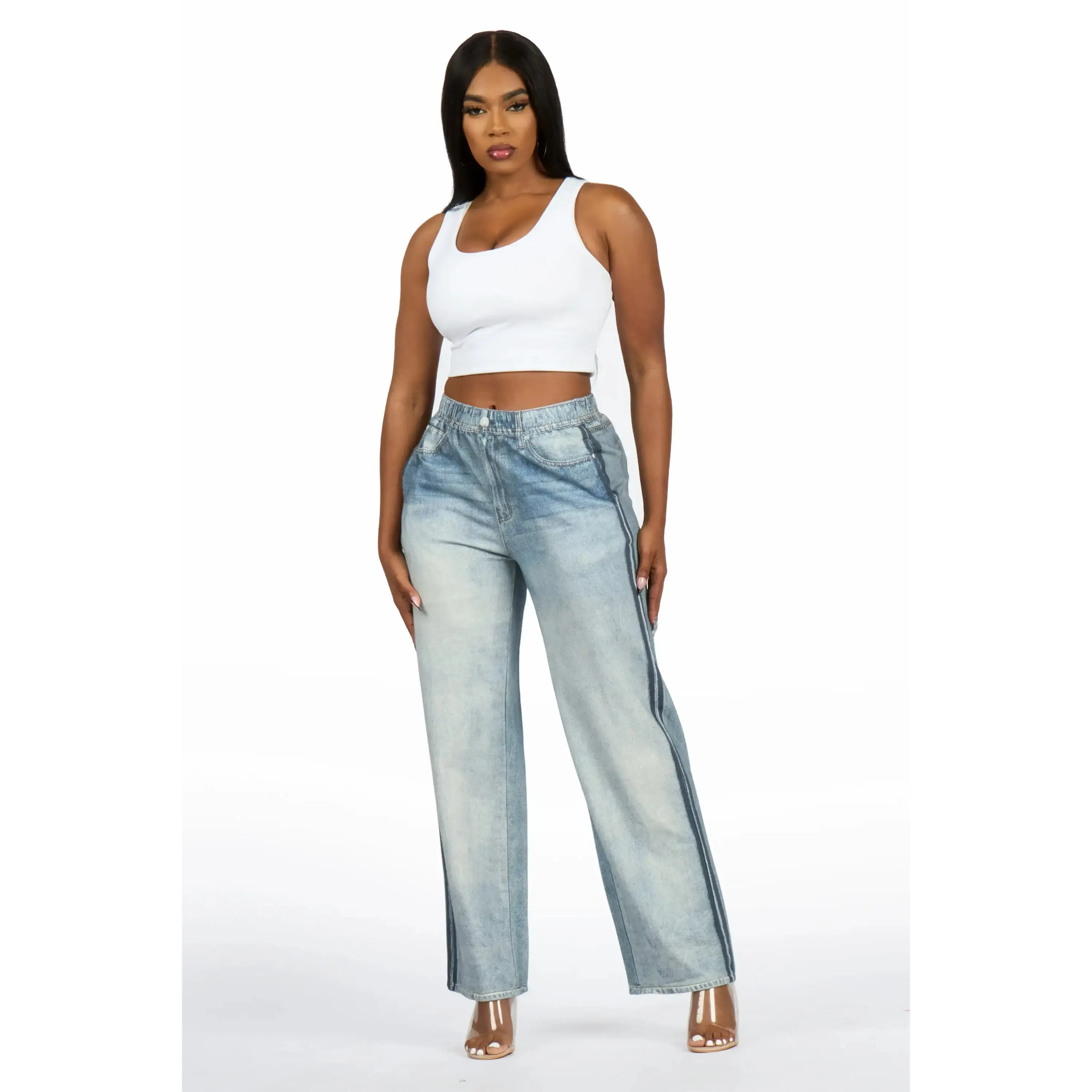 Yonis Light Wash Denim Print Stretch Terry Sweatpant Jean
