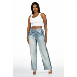 Yonis Light Wash Denim Print Stretch Terry Sweatpant Jean