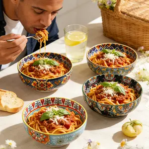 4 Boho Style Ceramic Bowls, 6 Inch Soup Bowl, Cereal Fruit Snack Bowl, Ceramic Pasta Bowls, Microwave Safe, Perfect for Home Daily Gatherings