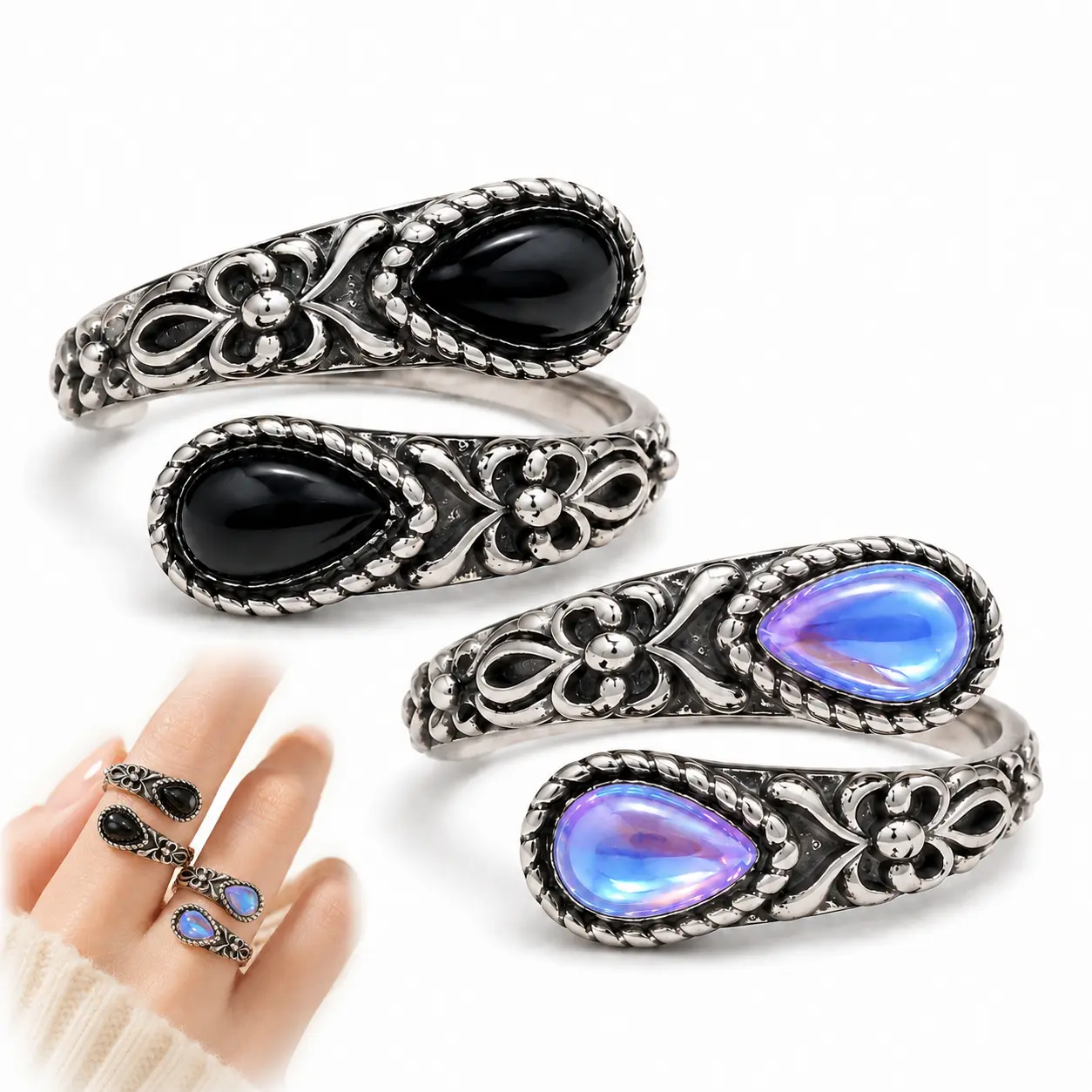 Bohemian Moonstone Open Ring for Women, Vintage Silver-Tone Adjustable Thumb Ring with Teardrop Stones & Floral Carving, Unique Jewelry Gift