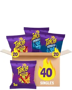Takis 40 pc / 1 oz Assorted Pack - Fuego & Blue Heat Flavored Rolled Tortilla Chips - (20) Fuego, (20) Blue Heat - Perfect for Tailgates, Parties, or the Office