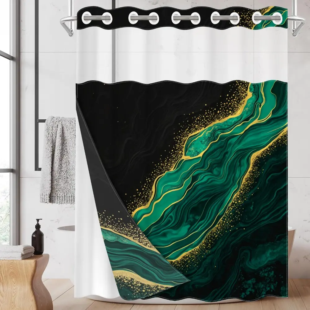 1pc hookless shower curtain with buckle lining, dark green and gold powder fluid texture design, 2D flat printing, fabric waterproof lining, see-through double-layer shower curtain, 71 x 74 inches, modern home draping curtain, Shower Curtain Liner