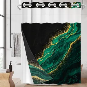 1pc hookless shower curtain with buckle lining, dark green and gold powder fluid texture design, 2D flat printing, fabric waterproof lining, see-through double-layer shower curtain, 71 x 74 inches, modern home draping curtain, Shower Curtain Liner