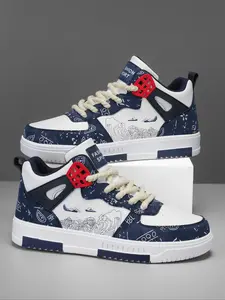 Men's Trendy Patchwork Design Sneakers, Letter High-Top Sneakers, Fashion Colorblock Graffiti Random Print Wave Cloud Casual Sports Running Shoes, Trendy Walking Sneakers