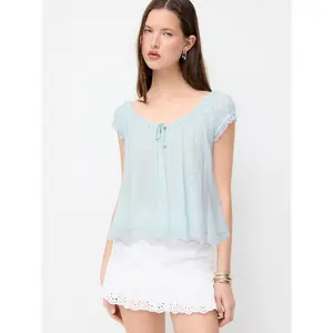 Cider Textured Scoop Neck Drawstring Lace Trim Oversized Top SwimWeek