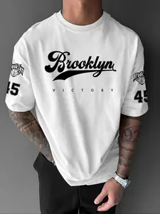 Men's Casual Letter Number Print Round Neck Short Sleeve T-Shirt, Summer Outdoor Sports Tee, Fitted Long Clothing, Athletic Activewear