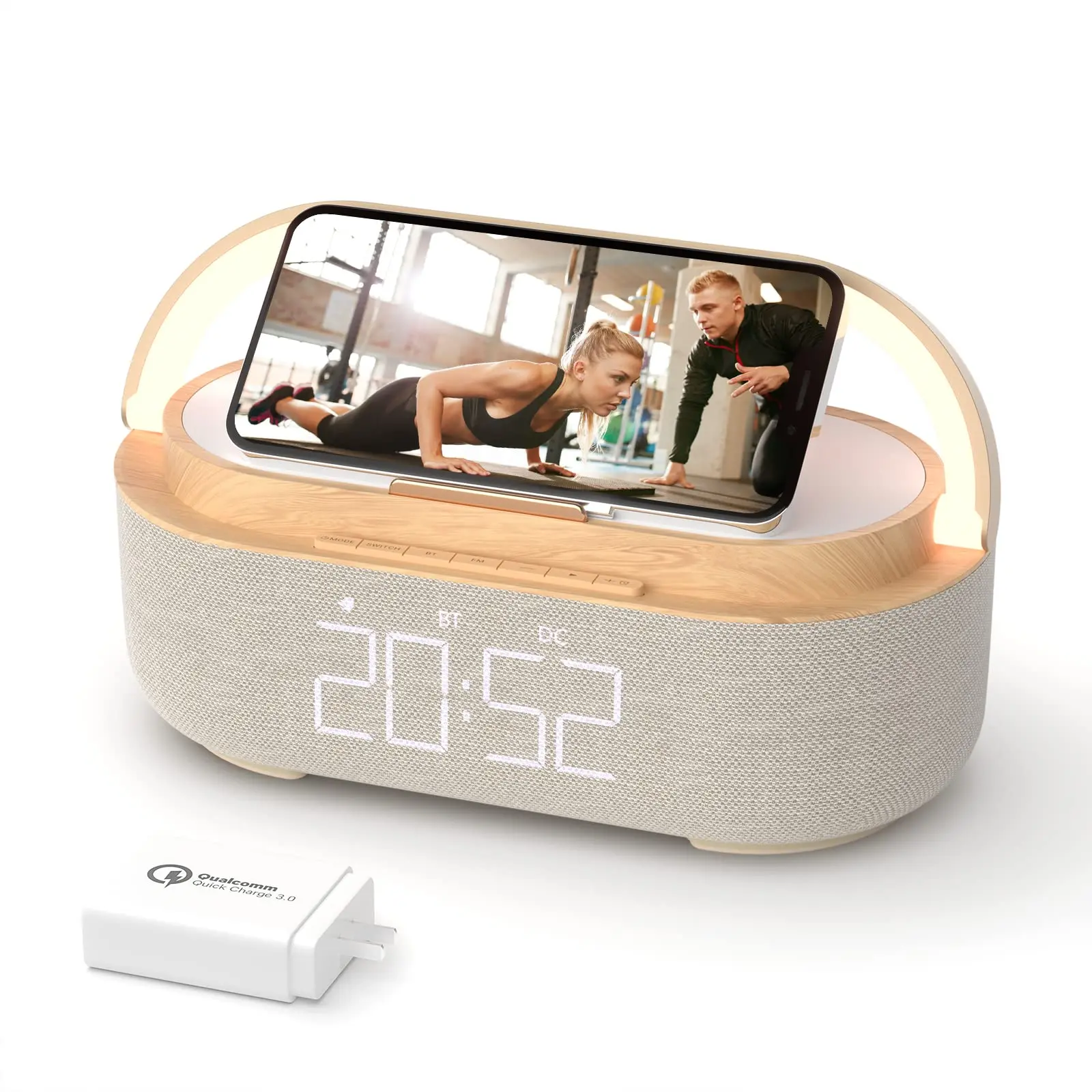 4-in-1 Wooden Alarm Clock with 15W Fast Wireless Charger, Bluetooth Speaker, LED Night Light & Digital Clock with Snooze, Portable Bedside Lamp with Phone Holder for iPhone 16, Samsung, Bedroom Decor