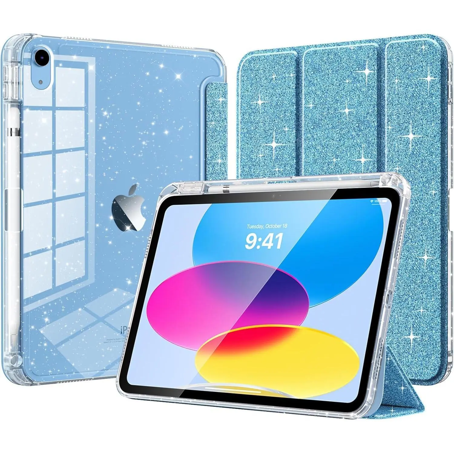 Aesthetic Sky Blue Glitter Front Casing with Magnetic Foldable Smart Cover, Flexible TPU Edge Cushions, Pencil Slot, Tri-Fold Stand, Auto Sleep/Wake for Exact Fit iPad 11th Gen (11in), 10th Gen (10.9in) - Camp Kitchen Sports & Outdoor Protective Accessory