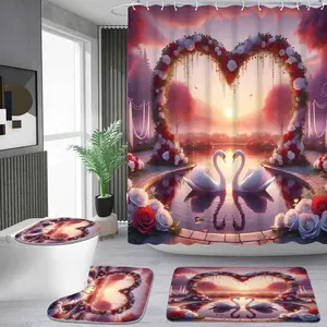 1/4 piece love rose arch swan pattern shower curtain set, waterproof shower curtain with 12 hooks, non-slip bathroom carpet, toilet U-shaped cushion, toilet seat cover cushion, bathroom shower curtain set, perfect moving gift.
