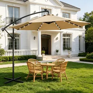 10ft Solar LED Offset Patio Umbrella, Aluminum Polyester Solar Umbrella with w/Tilt Adjustment for Backyard and Poolside - Enhanced Outdoor Ambiance and Shade