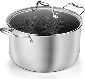 6 Qt Hybrid Nonstick Stock Pot with Lid, Tri-Ply 18/10 Stainless Steel Cooking Pot, Honeycomb Interior, Induction Compatible, Oven Safe