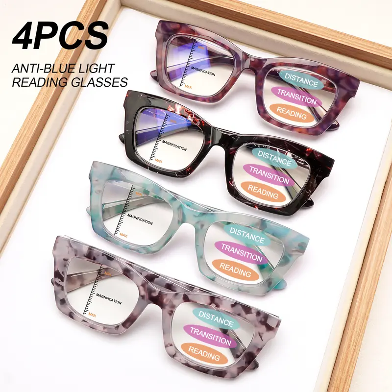 4 Pack Blue Light Blocking Progressive Multifocal Reading Glasses for Women, Square Frame Printed Pattern, Spring Hinge Fashion Eyewear Daily Readers