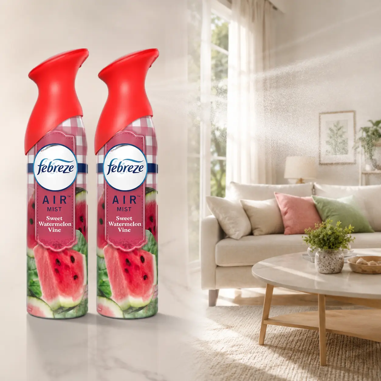Febreze Sweet Watermelon Vine Air Spray 8.8oz,melon fragrance,picnic scent,odor mist,Air Mist,instant burst,spring cleaning,final touch,emergency odors,guest bath,powder room,entryway,hallway,bedroom,home office,trash area,litter box,musty air