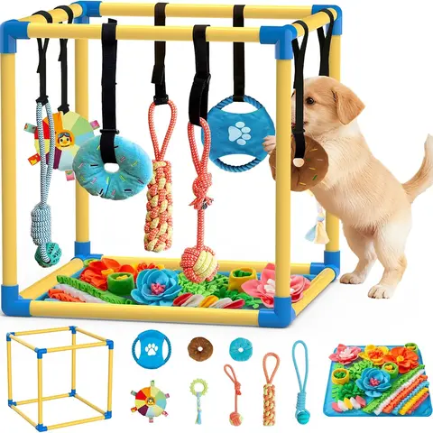 Indoor Small Dog Puppy Play Set - PVC Plastic Frame, Stretchy Velcro Rope, Foraging Snuffle Mat, 8 Hanging Toys, Interactive Training Aid, Puppy Training Tools, Bite-Resistant, Boredom Enrichment, Natural Foraging Encouragement