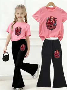 Stranger Things Max Running Up That Hill Set Print, Boys And Girls Summer T-Shirt Top + Flared Pants Two-Piece Set, Fashionable, Casual, Breathable, Soft And Comfortable To Wear, Versatile For Daily Use And Outdoor Activities, Ideal Gift Choice