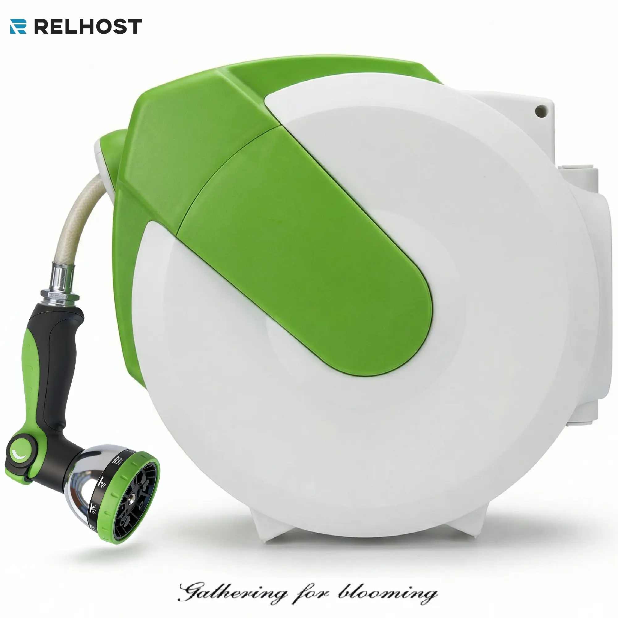 Retractable Hose Reel 50FT Garden Water Hose Reel with 10-Pattern Nozzle ,180° Swivel Bracket Wall-Mounted,Any Length Lock, Slow Return System, Bright Green