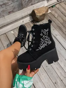 New Plus Size Women's High Heel Short Embroidered Boots, Boot Heels, Fashionable Slip-On Round Toe Ankle Booties, Casual Fall & Winter Footwear