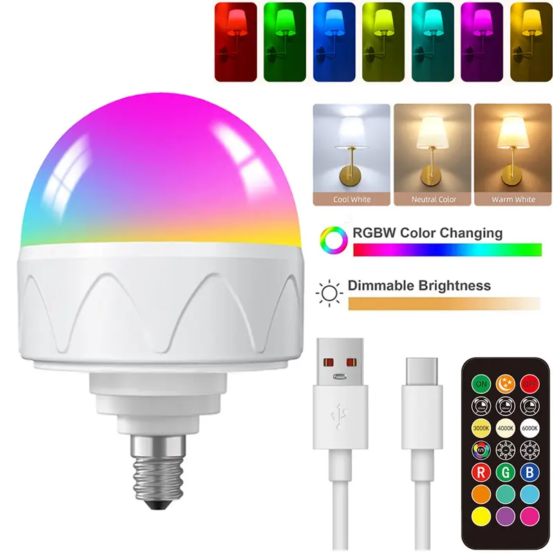 Rechargeable Light Bulb with Remote Control, E12 Battery Operated Light Bulb, Detachable Light Bulb, 3 Color Temperatures/Timer Bulb, RGBW Color Changing, Multiple Color Temperatures, Dimmable Brightness