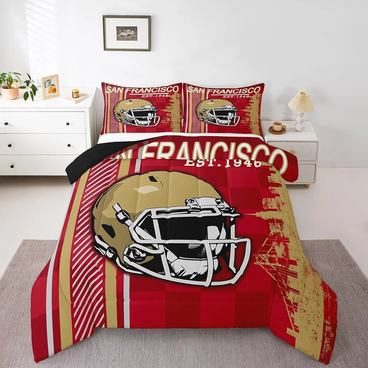 Feelyou Football Theme Microfiber Duvet Set - Gentle Soft, Light Weight Blanket, Comfy Duvets & Sets, Breathable Bedding, Machine Washable, San Francisco Rugby Fan Comforter for Boys, King, Queen, Low Roll Over, Travel-Friendly