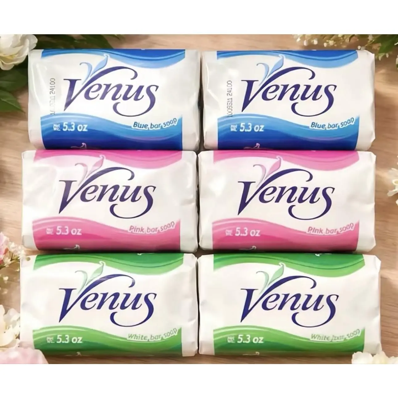 Park of 6 Venus Brand 5.3 oz Blue Pink White Bar Soap 6-Pack Essential Cleaning Tool for Daily Use