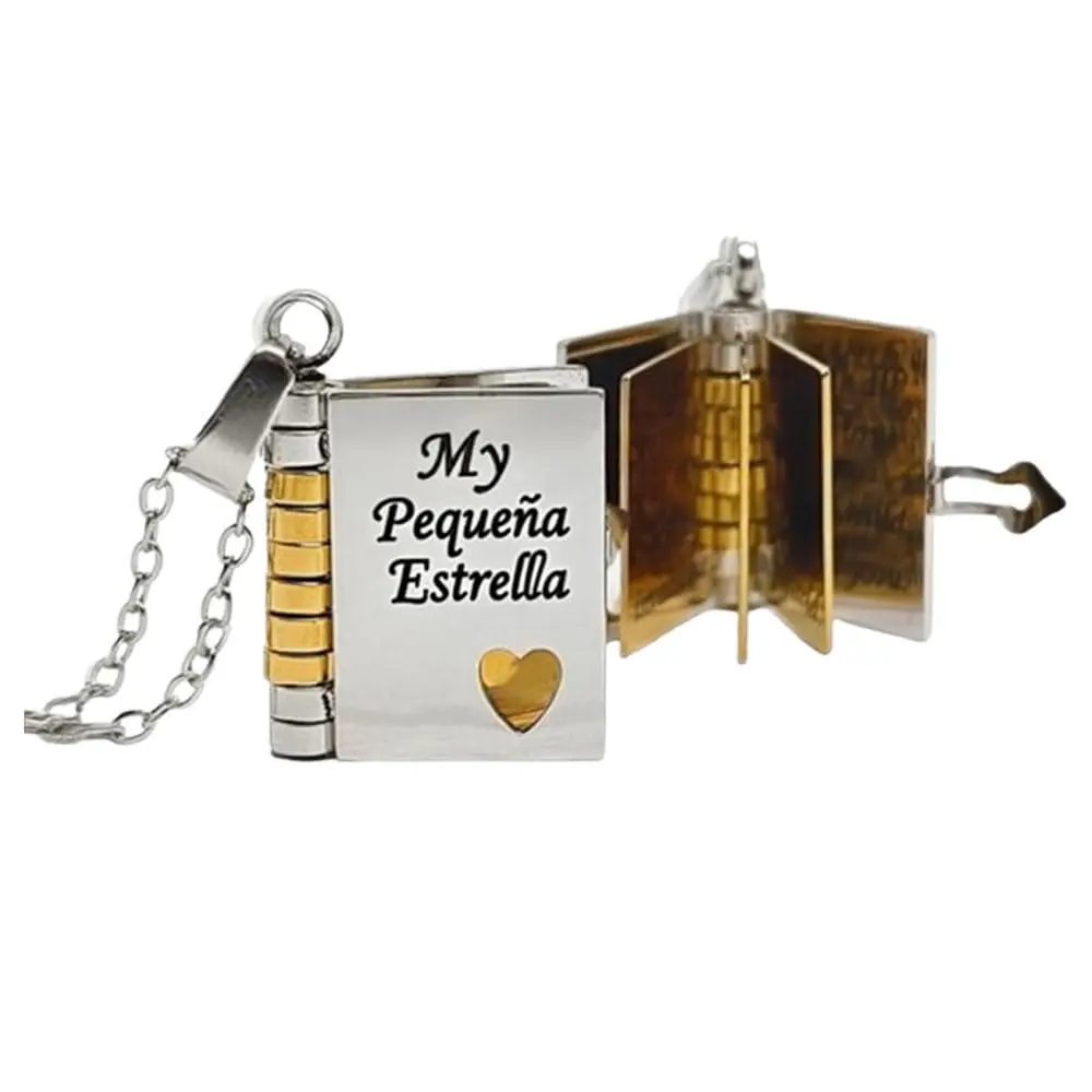 Openable Book Locket Pendant Necklace - Stainless Steel, Engraved Spanish "Mi Pequeña Estrella" Quote, Matelasse Chain, Exquisite Jewelry Gift for Daughter, Customized Personalized Necklaces (Limited Stock), Customized Necklaces