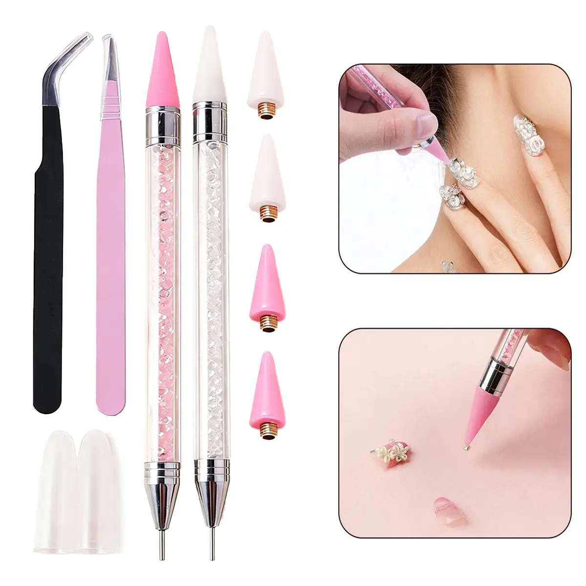 Rhinestone Picking Pen Tool, 2 Counts Dot Pen (White + Pink)/ 2 Precision Tweezer / 4 Wax Tips, Diamond Art Pen, DIY Nail Supplies, Decoration Tools, Dotted Pen, Resin Pen, Manicure & Pedicure Tools for Home & Salon Use